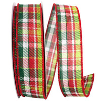 Plaid Twill Wired Edge Ribbon Red Green 1-1/2 Inch 20Yds