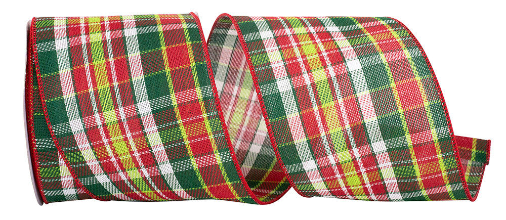 Plaid Twill Wired Edge Ribbon Red Green 4 Inch 10 Yards
