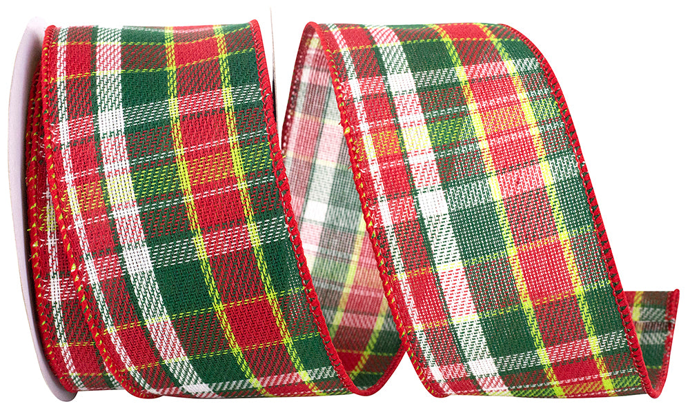 Plaid Twill Wired Edge Ribbon Red Green 2-1/2 Inch
