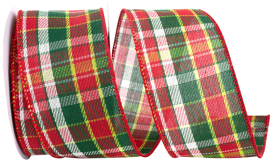 Plaid Twill Wired Edge Ribbon Red Green 2-1/2 Inch