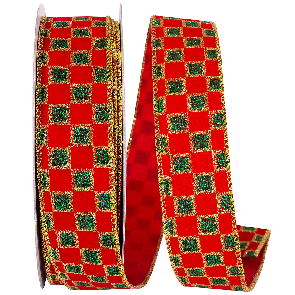 Velvet Emerald Checks Glitter Ribbon 1-1/2 Inch Red Green