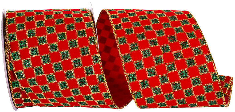 4 Inch Red Green Velvet Checks Glitter Wired Edge Ribbon
