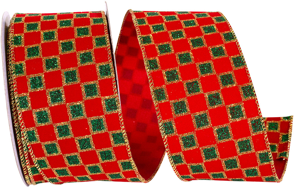 Velvet Emerald Checks Glitter Ribbon Red Green 2-1/2 Inch