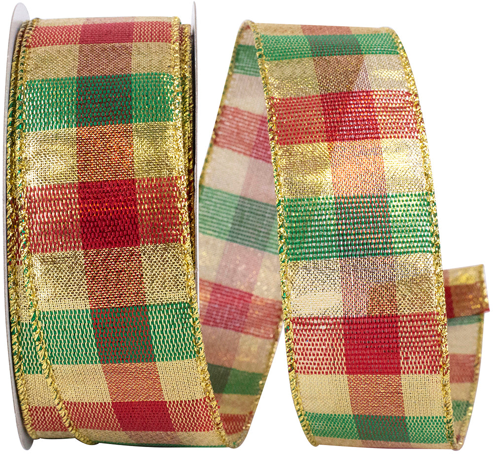 Check Metallic Fiesta Ribbon Red Green 1-1/2 Inch 20 Yards