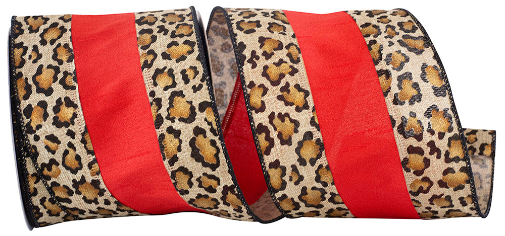 Cheetah Spot Dupioni Stripe Ribbon Natural Red 4 Inch