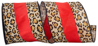 Cheetah Spot Dupioni Stripe Ribbon Natural Red 4 Inch