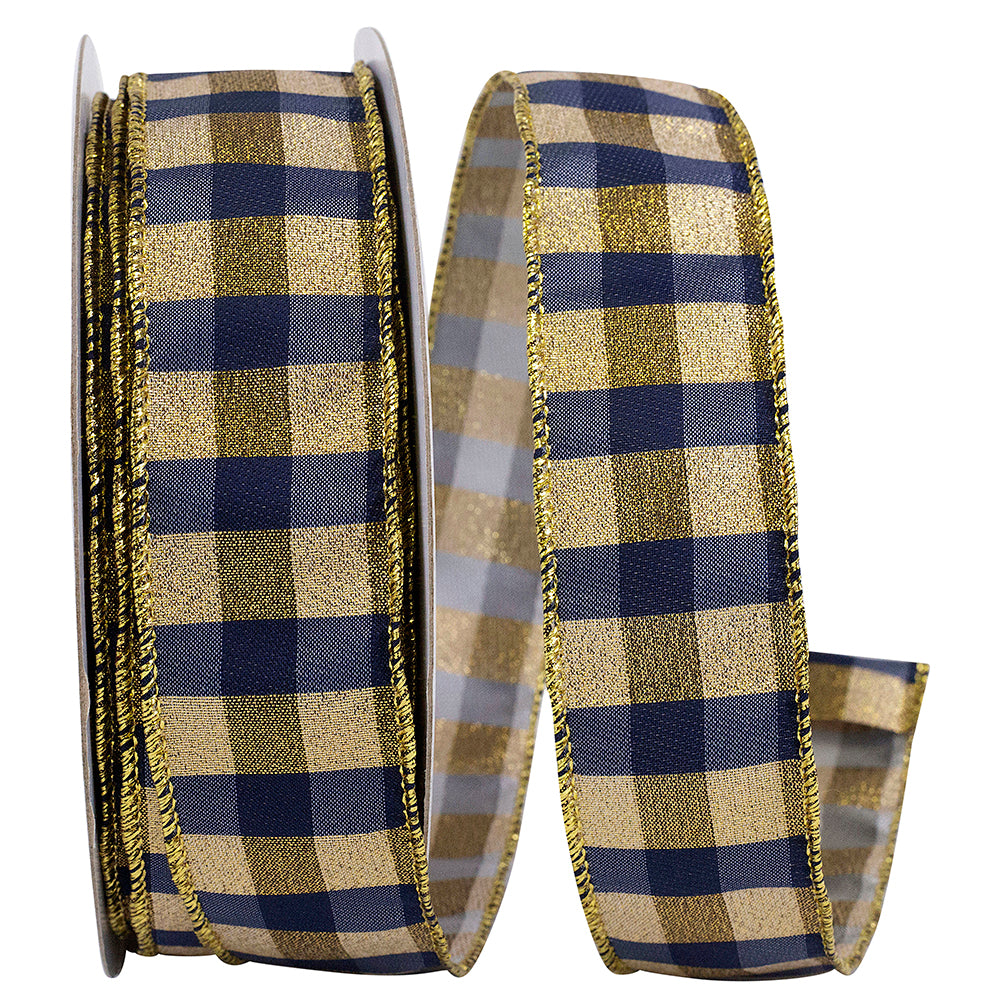 Navy Gold Check Wired Edge Ribbon 1-1/2 Inch for Wreaths