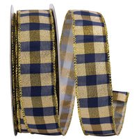 Navy Gold Check Wired Edge Ribbon 1-1/2 Inch for Wreaths