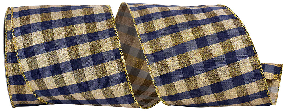 4 Inch Navy Gold Check Metallic Wired Edge Ribbon