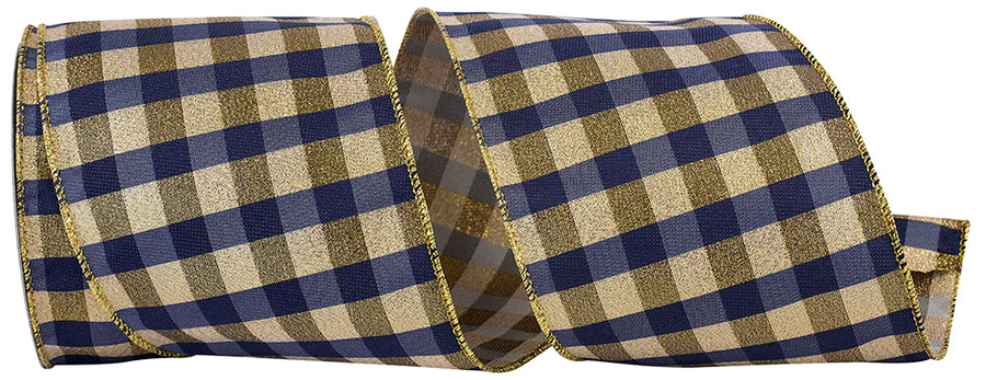 4 Inch Navy Gold Check Metallic Wired Edge Ribbon