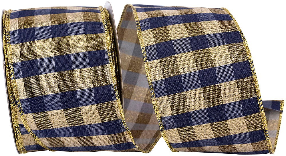 Navy Gold Check Wired Edge Ribbon 2-1/2 Inch for Wreaths
