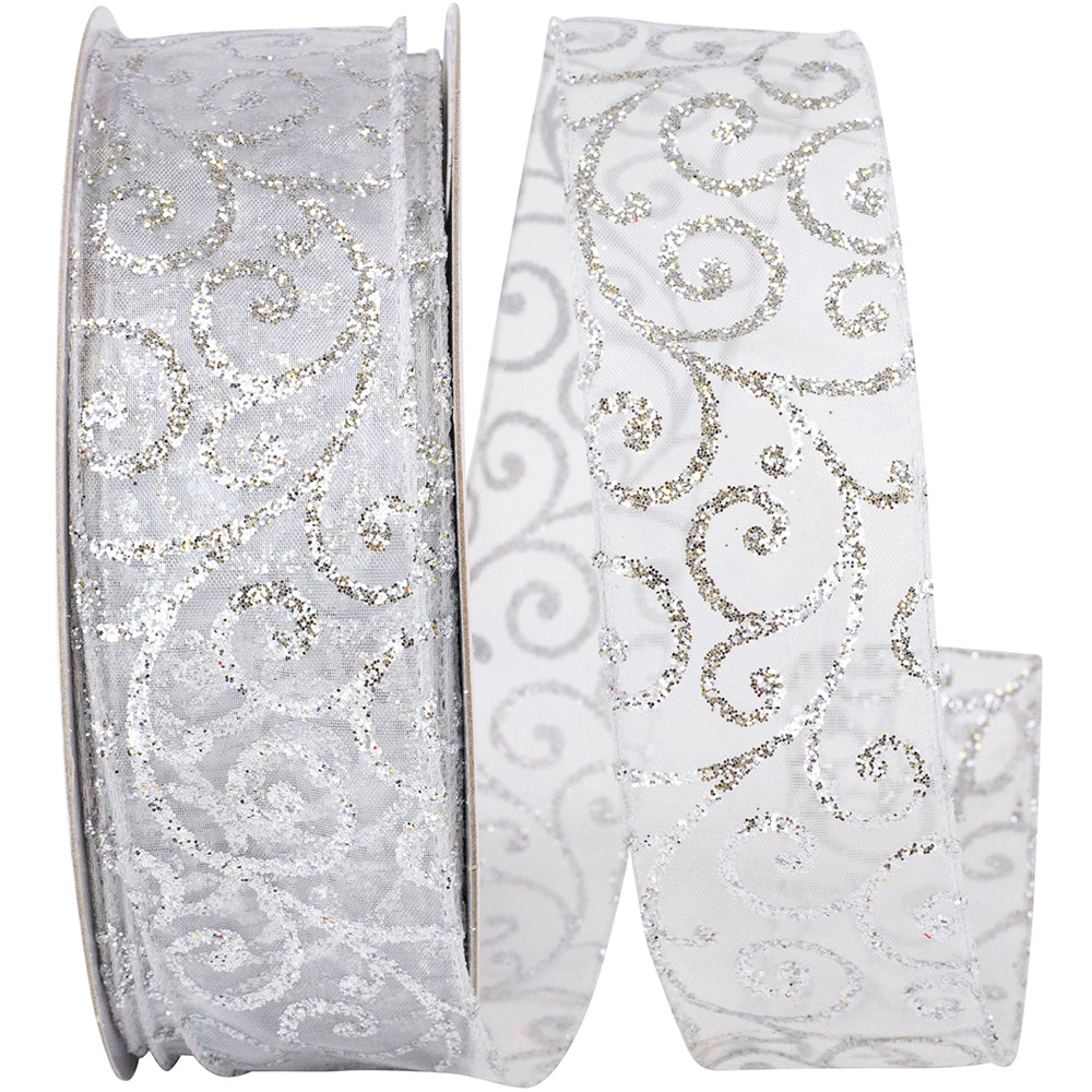Silver Swirl Glitter Sheer Wired Edge Ribbon 1-1/2 Inch