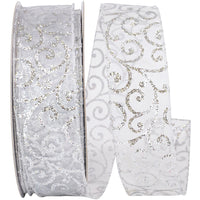 Silver Swirl Glitter Sheer Wired Edge Ribbon 1-1/2 Inch