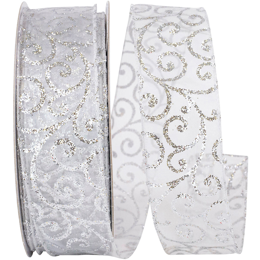 Silver Swirl Glitter Sheer Wired Edge Ribbon 1-1/2 Inch