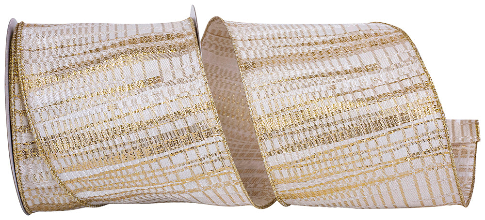 Brocade Metallic Wired Edge Ribbon Ivory Gold 4 Inch