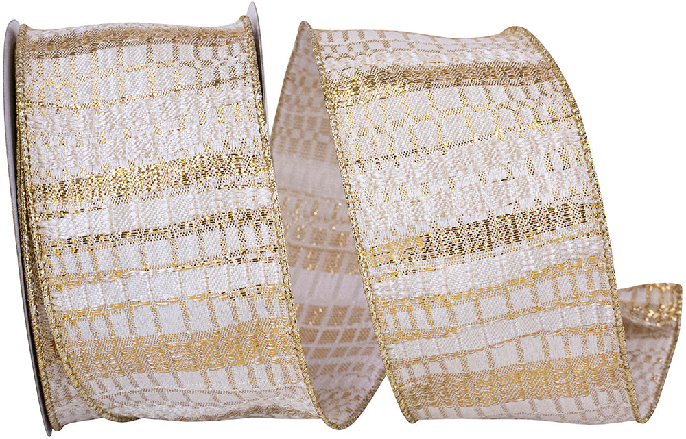 Brocade Metallic Wired Edge Ribbon Ivory Gold 2-1/2 Inch