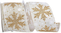 Snowflake Glitter Wired Edge Ribbon Ivory Gold 2-1/2 Inch