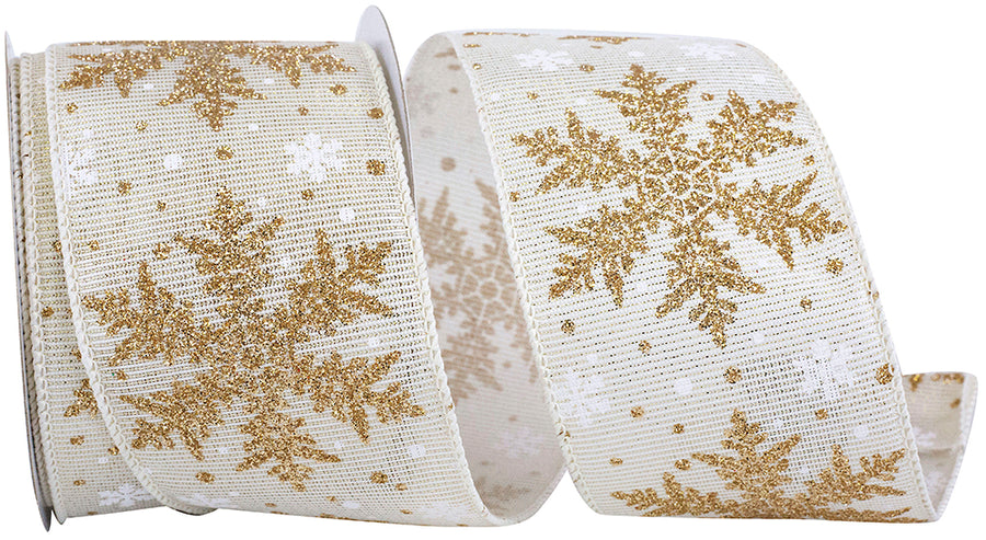Snowflake Glitter Wired Edge Ribbon Ivory Gold 2-1/2 Inch