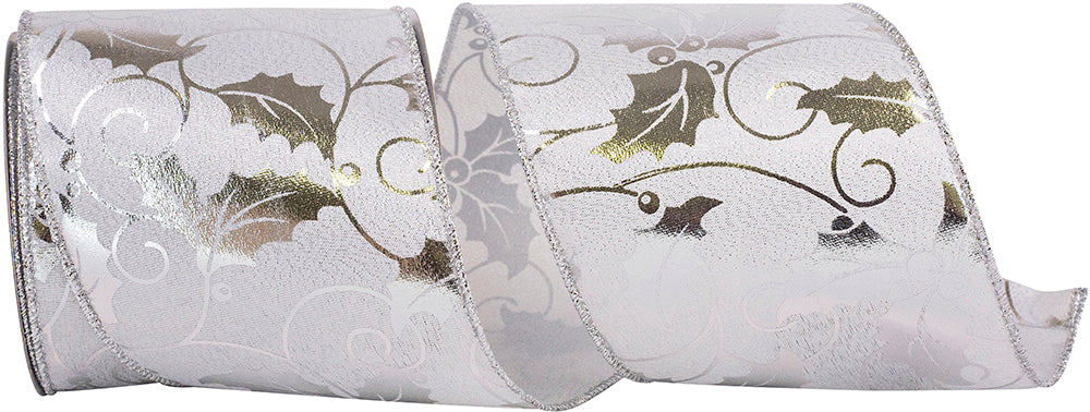 Silver 4 Inch Wired Edge Ribbon with Holly Metallic Leaf