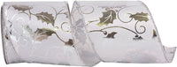 Silver 4 Inch Wired Edge Ribbon with Holly Metallic Leaf