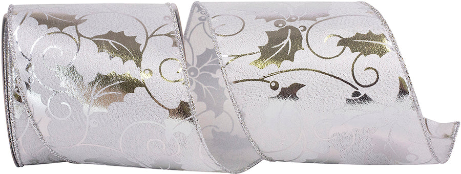 Silver 4 Inch Wired Edge Ribbon with Holly Metallic Leaf