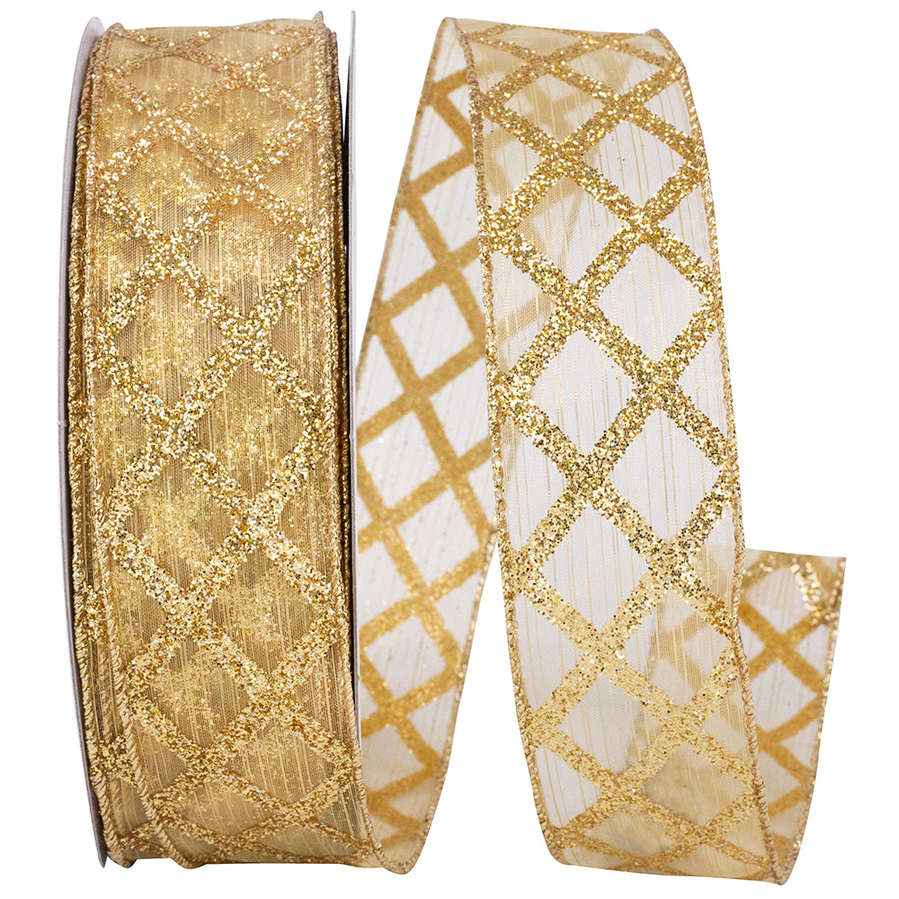 Gold Glitter Lattice Wired Edge Ribbon 1-1/2 Inch 25 Yards