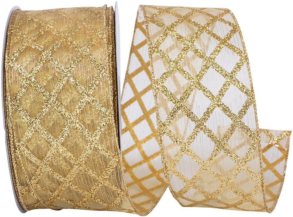 Gold Glitter Lattice Wired Edge Ribbon 2-1/2 Inch for Bows