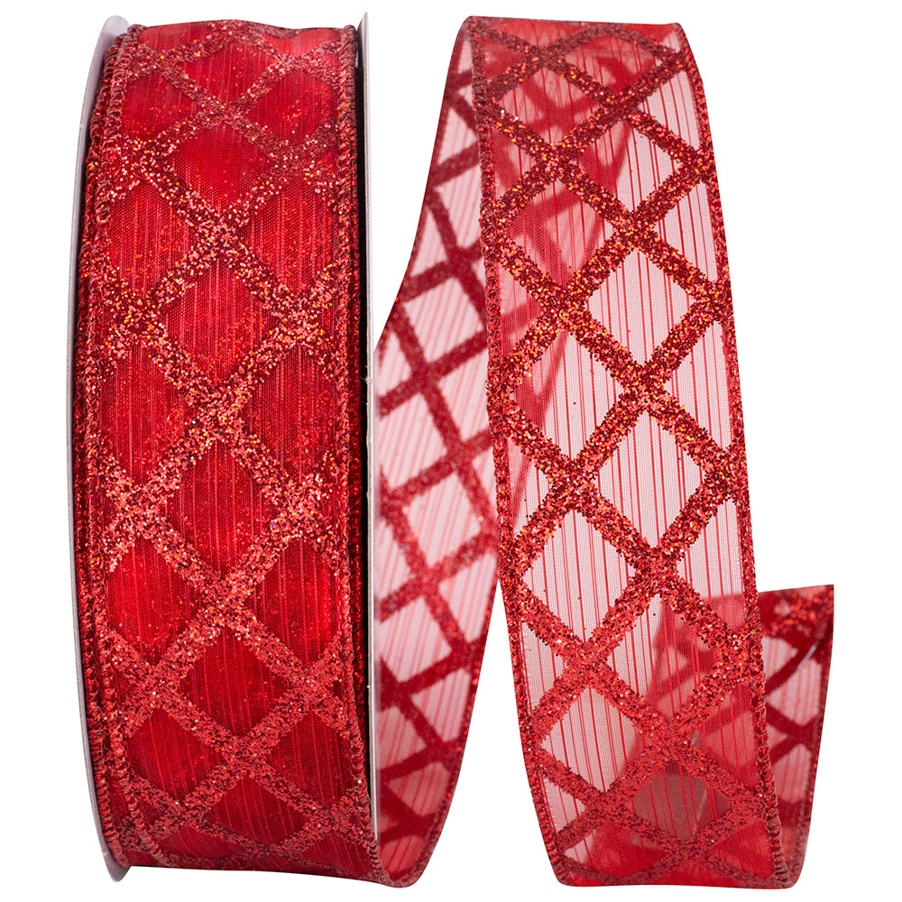 Red Glitter Lattice Sheer Wired Edge Ribbon 1-1/2 Inch