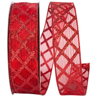 Red Glitter Lattice Sheer Wired Edge Ribbon 1-1/2 Inch