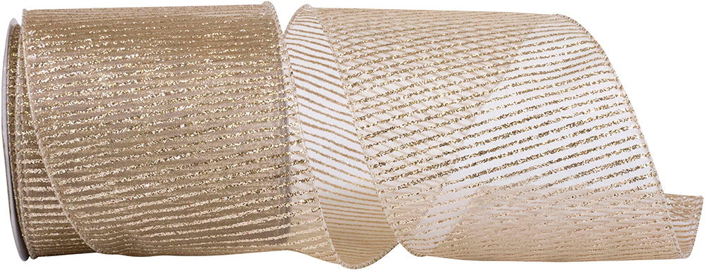 Champagne Glitter Petite Bars Sheer Wired Edge Ribbon 4 Inch