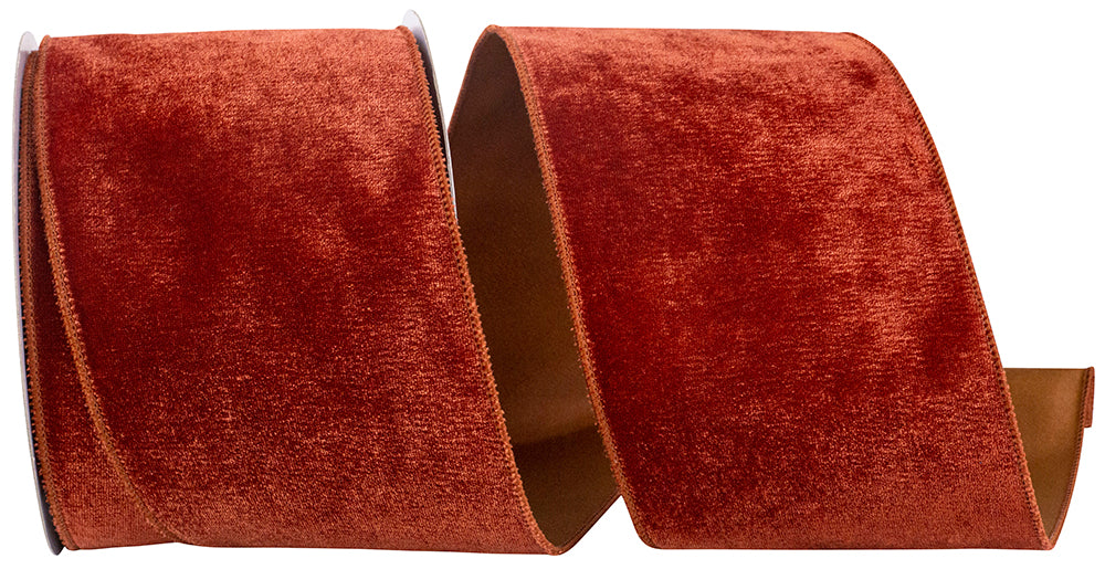 Rust 4 Inch Velvet Plush Designer Wired Edge Ribbon for Wreaths & Bows