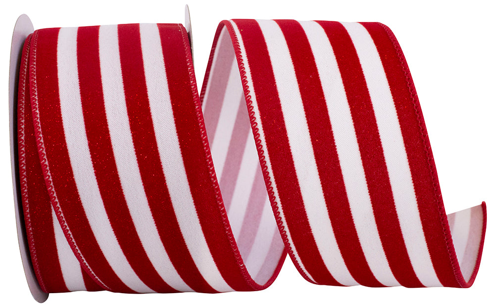 Red White 2-1 2 Inch Striped Grande Velvet Sparkle Wired Edge Ribbon for Wreaths & Bows