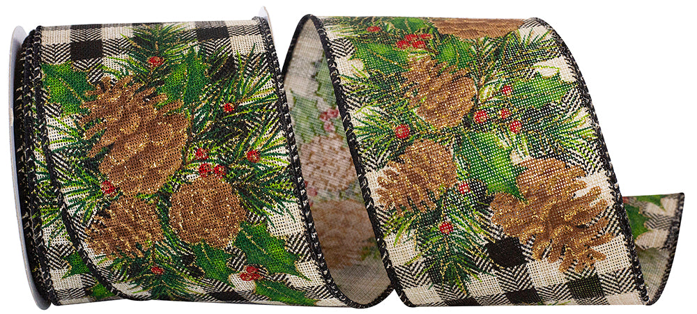 Acorn Holly Gingham Glitter Ribbon Natural Black 2-1/2 Inch