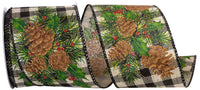 Acorn Holly Gingham Glitter Ribbon Natural Black 2-1/2 Inch