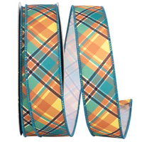 Turquoise Plaid Wired Edge Ribbon 1-1/2 Inch for Bows
