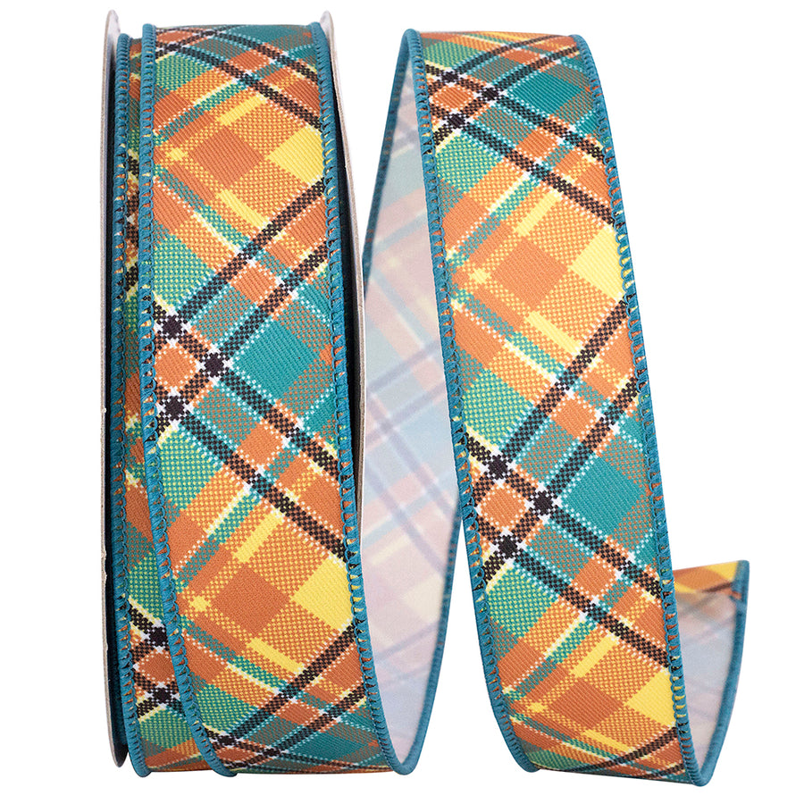 Turquoise Plaid Wired Edge Ribbon 1-1/2 Inch for Bows