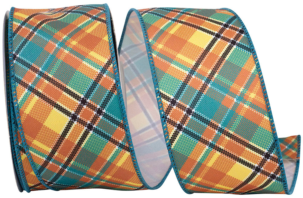 Turquoise Plaid Nelson Diagonal Wired Edge Ribbon 2-1/2 Inch