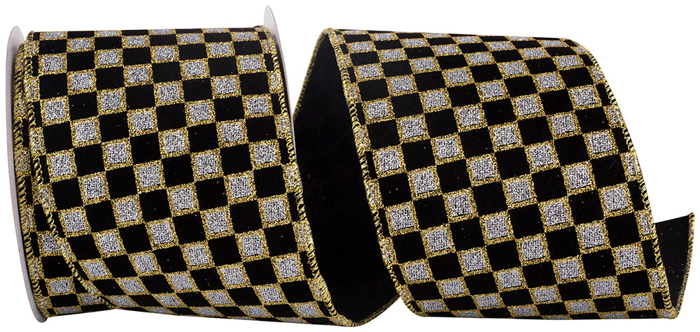 4 Inch Black Silver Velvet Glitter Checks Wired Edge Ribbon