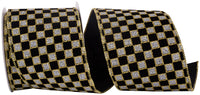 4 Inch Black Silver Velvet Glitter Checks Wired Edge Ribbon