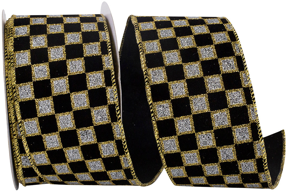 Black Silver Velvet Glitter Checks Wired Edge Ribbon 2-1/2 Inch