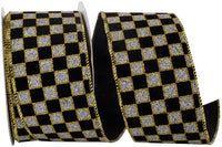 Black Silver Velvet Glitter Checks Wired Edge Ribbon 2-1/2 Inch