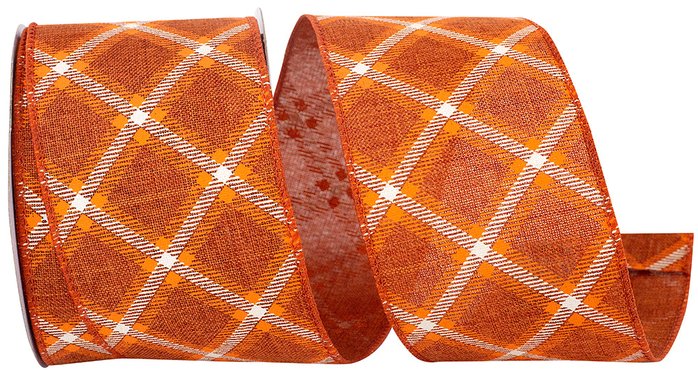 Orange 2-1 2 Inch Lattice Pattern Check Linen Wired Edge Ribbon for Wreaths & Bows