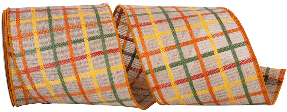 Woven Plaid Wired Edge Ribbon Natural 4 Inch for Crafts