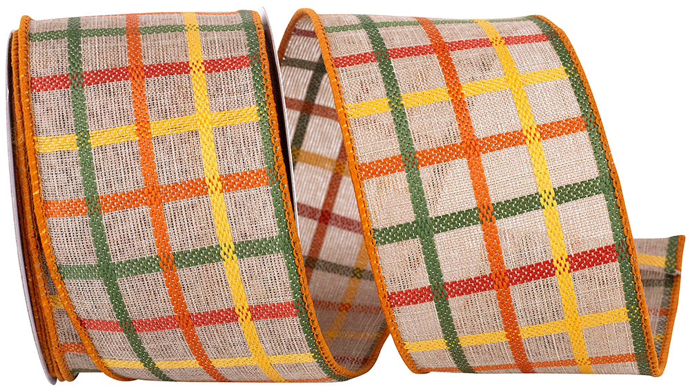 Woven Plaid Wired Edge Ribbon Natural 2-1/2 Inch 10 Yards