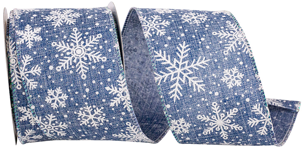 Denim Wired Edge Ribbon 2-1/2 Inch Snowflakes Texture