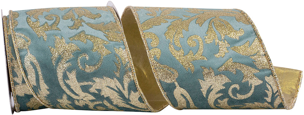 Slate Velvet Plush Glitter Filigree Wired Edge Ribbon 4 Inch