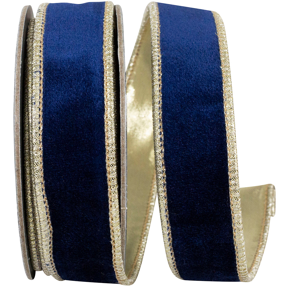 Navy Gold 1 Inch Velvet Plush Royale Gold Backed Wired Edge Ribbon for Wreaths & Bows