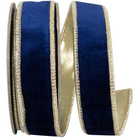 Navy Gold 1 Inch Velvet Plush Royale Gold Backed Wired Edge Ribbon for Wreaths & Bows