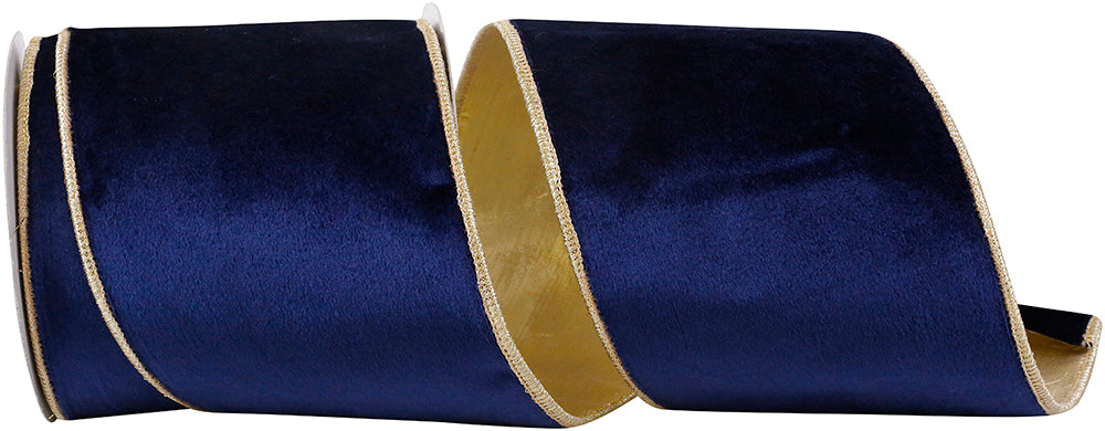 Navy Gold 4 Inch Velvet Plush Wired Edge Ribbon