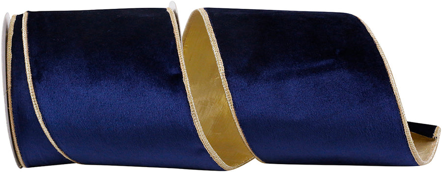 Navy Gold 4 Inch Velvet Plush Wired Edge Ribbon
